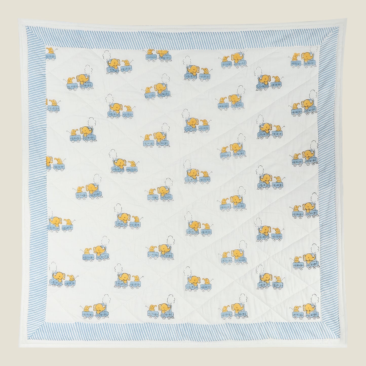 Train Quilt - Organic Cotton Quilt for Baby & Kids - Blue and Yellow