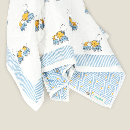 Train Quilt - Organic Cotton Quilt for Baby & Kids - Blue and Yellow
