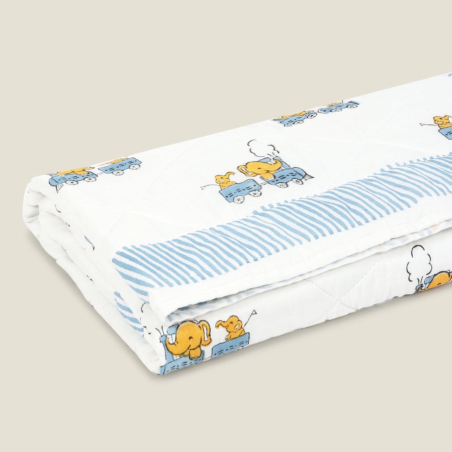Train Quilt - Organic Cotton Quilt for Baby & Kids - Blue and Yellow