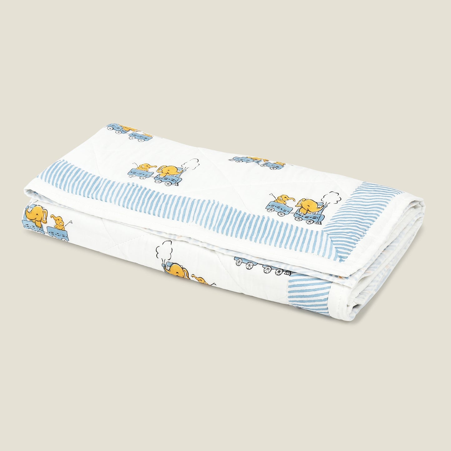 Train Quilt - Organic Cotton Quilt for Baby & Kids - Blue and Yellow