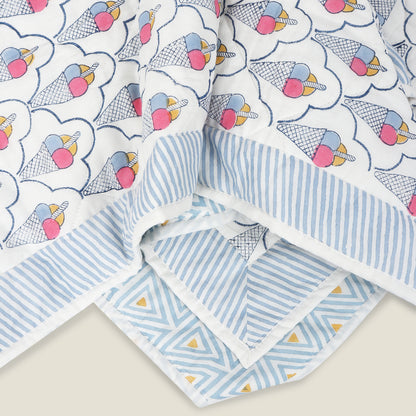 Ice Cream Quilt -  Organic Cotton Quilt for Baby & Kids - Blue