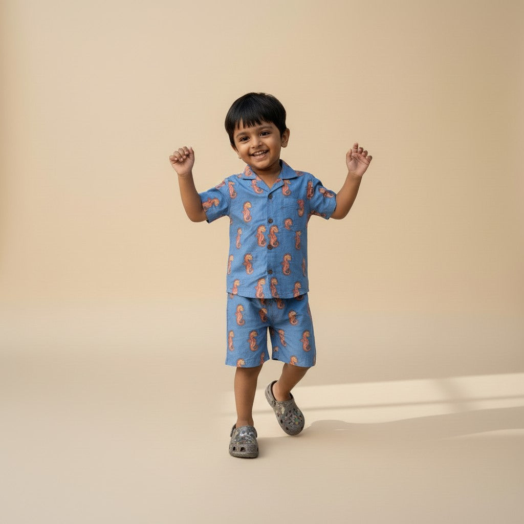 Blue Seahorse Co-ord Shorts Set