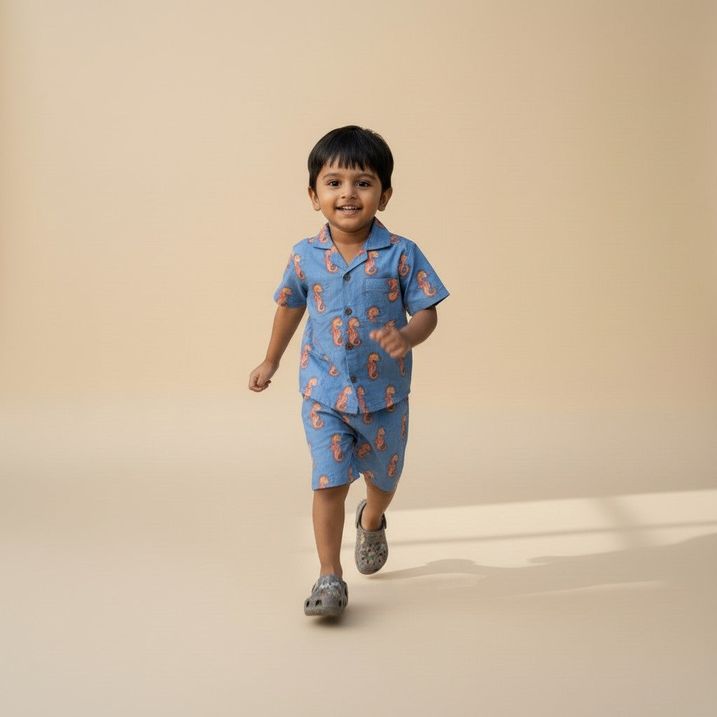 Blue Seahorse Co-ord Shorts Set